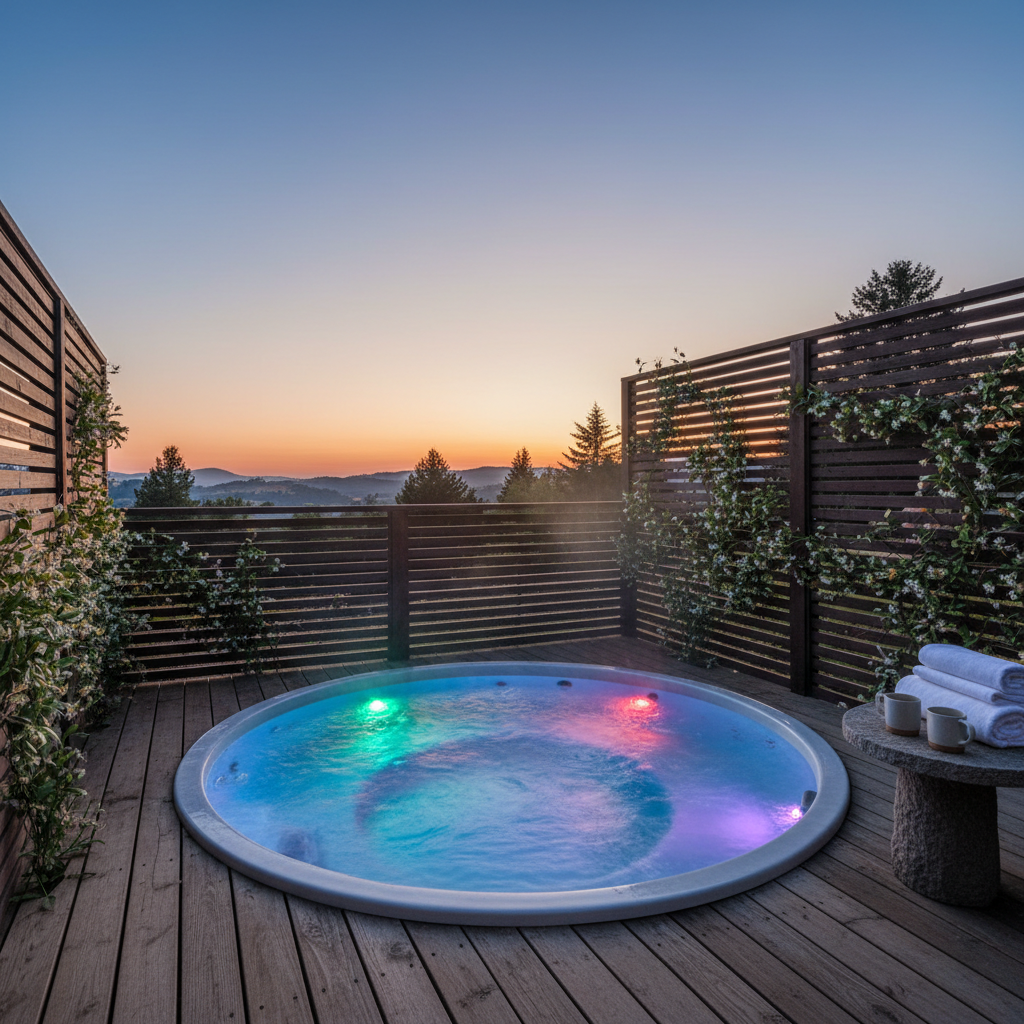 Hot tub with underwater LED lighting and privacy screen in an outdoor setting at dusk