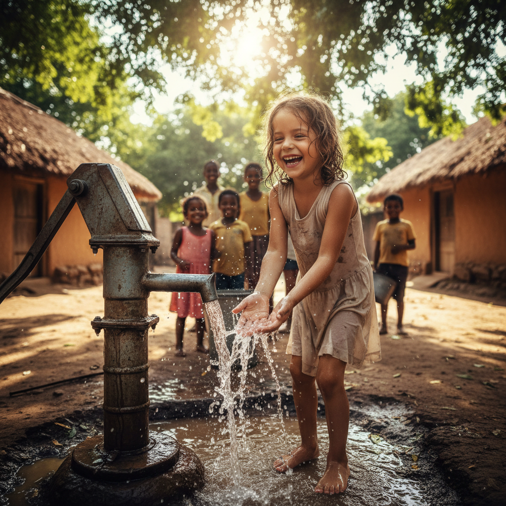 Young girl laughing with water streaming from a hand pump in a rural African village