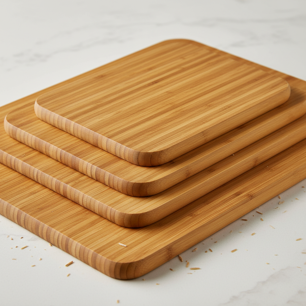 Three bamboo cutting boards of different sizes arranged on kitchen counter