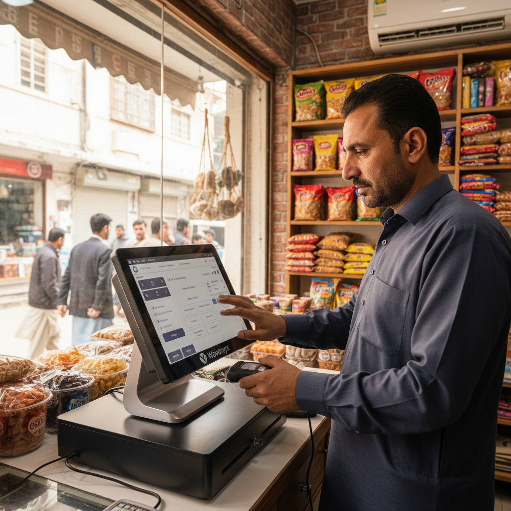 Business owner in Mardan KPK using Wavonyx POS system at their shop