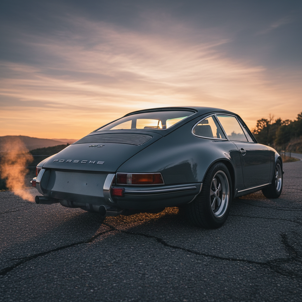 Classic 1969 Porsche 911 with combustion engine, exhaust heat rippling from tailpipe, shot low from rear quarter panel at dusk