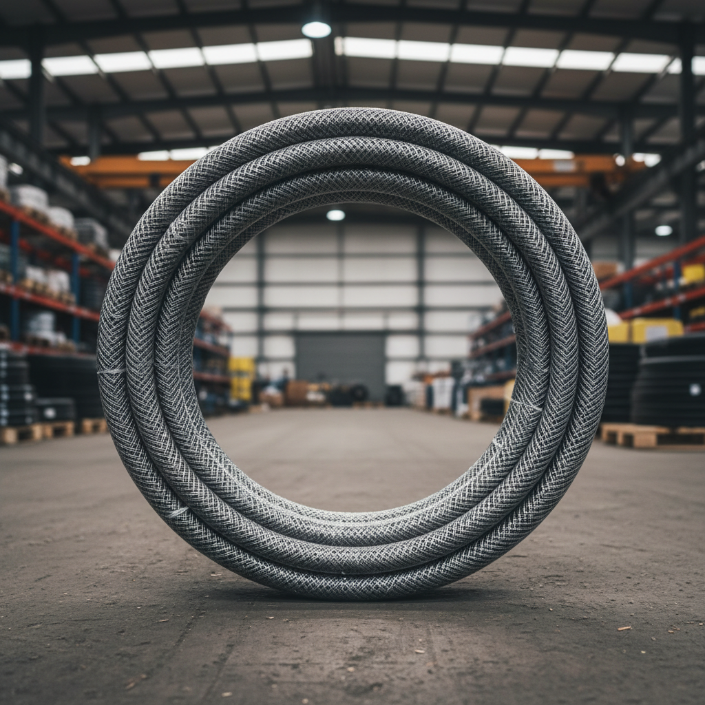 Flexible hydraulic hose pipes coiled in industrial setting