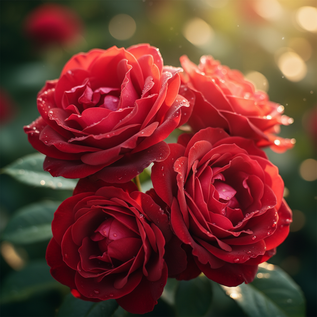 Deep red hybrid tea roses in full summer bloom with golden afternoon light