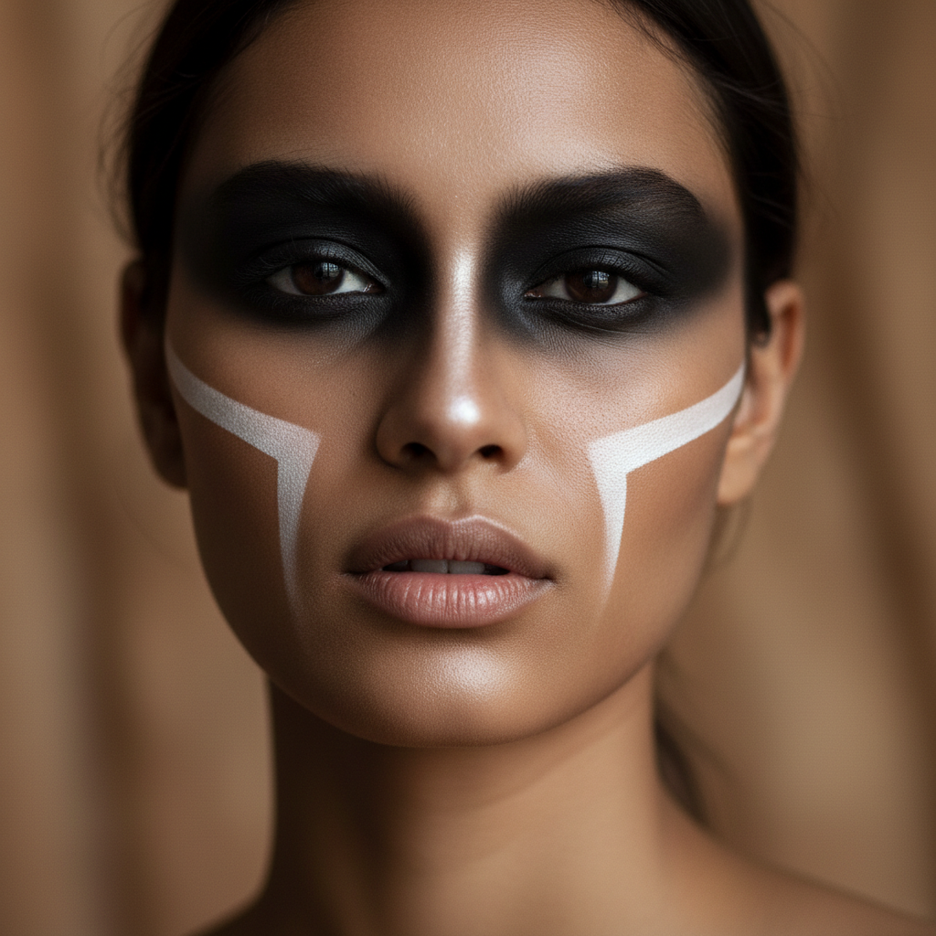 Editorial fashion photo with dramatic shadowed eye makeup and structured bone highlight