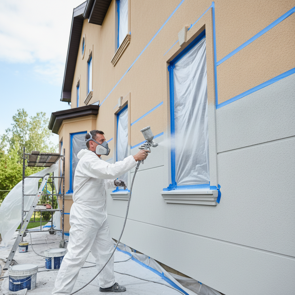 Painter spraying exterior wall with proper masking tape on all windows and trim