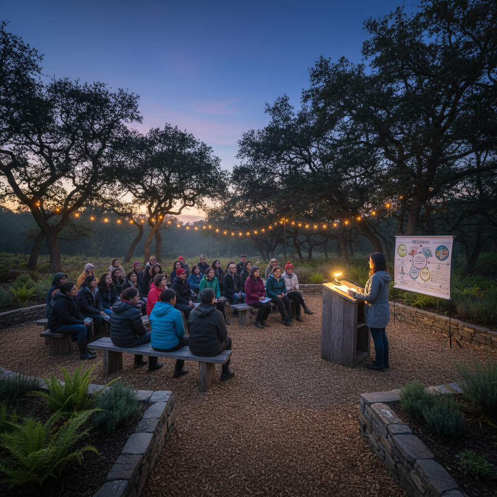 Community meeting in outdoor setting, dusk lighting, warm atmospheric shadows