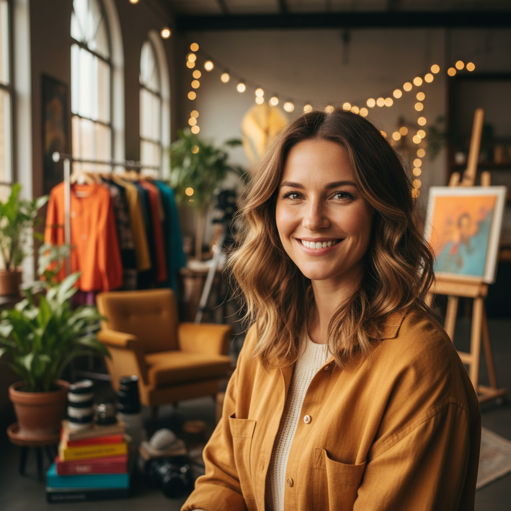 Young woman smiling in creative workspace with natural light