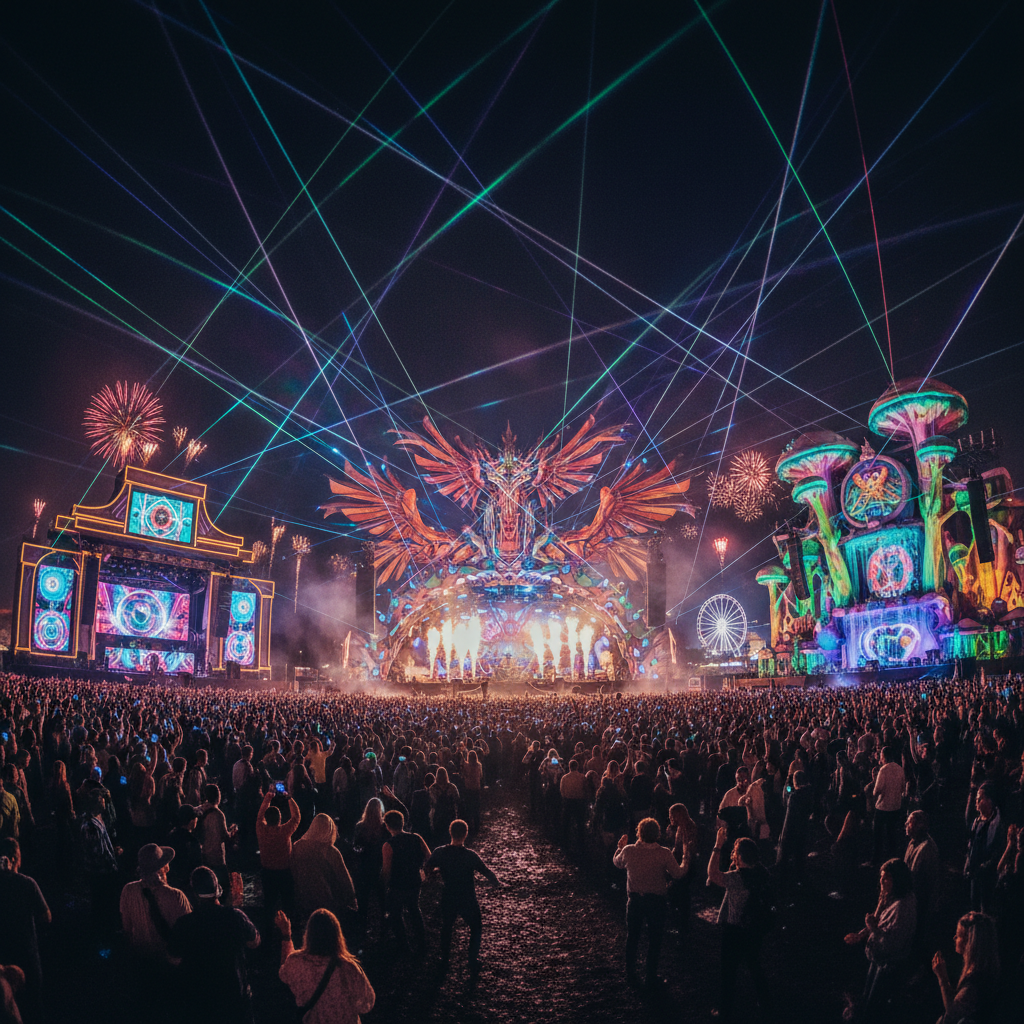 Vibrant outdoor festival with colorful lights and crowds enjoying the event at night