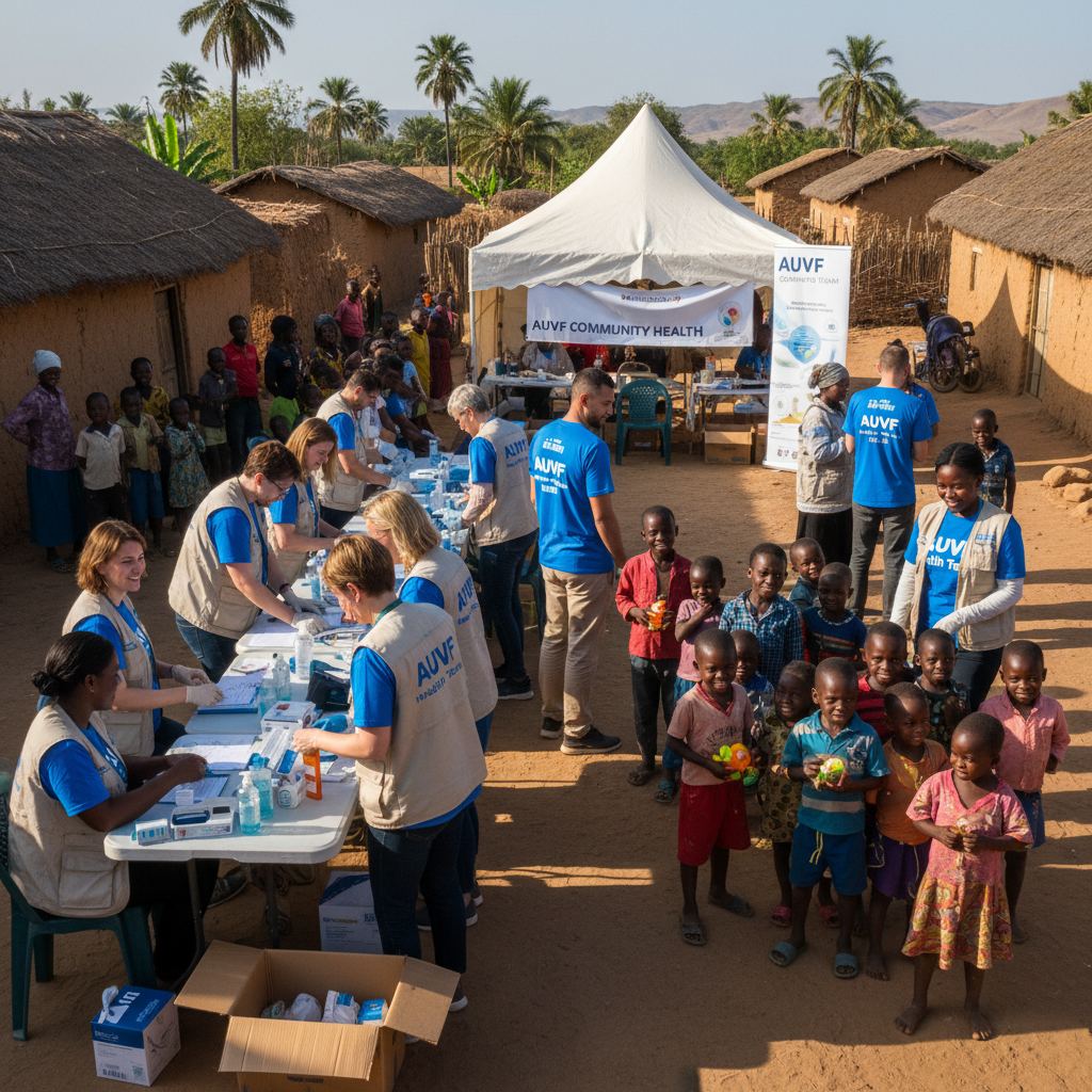 Volunteers and AUVF team members during a community health outreach event in the village