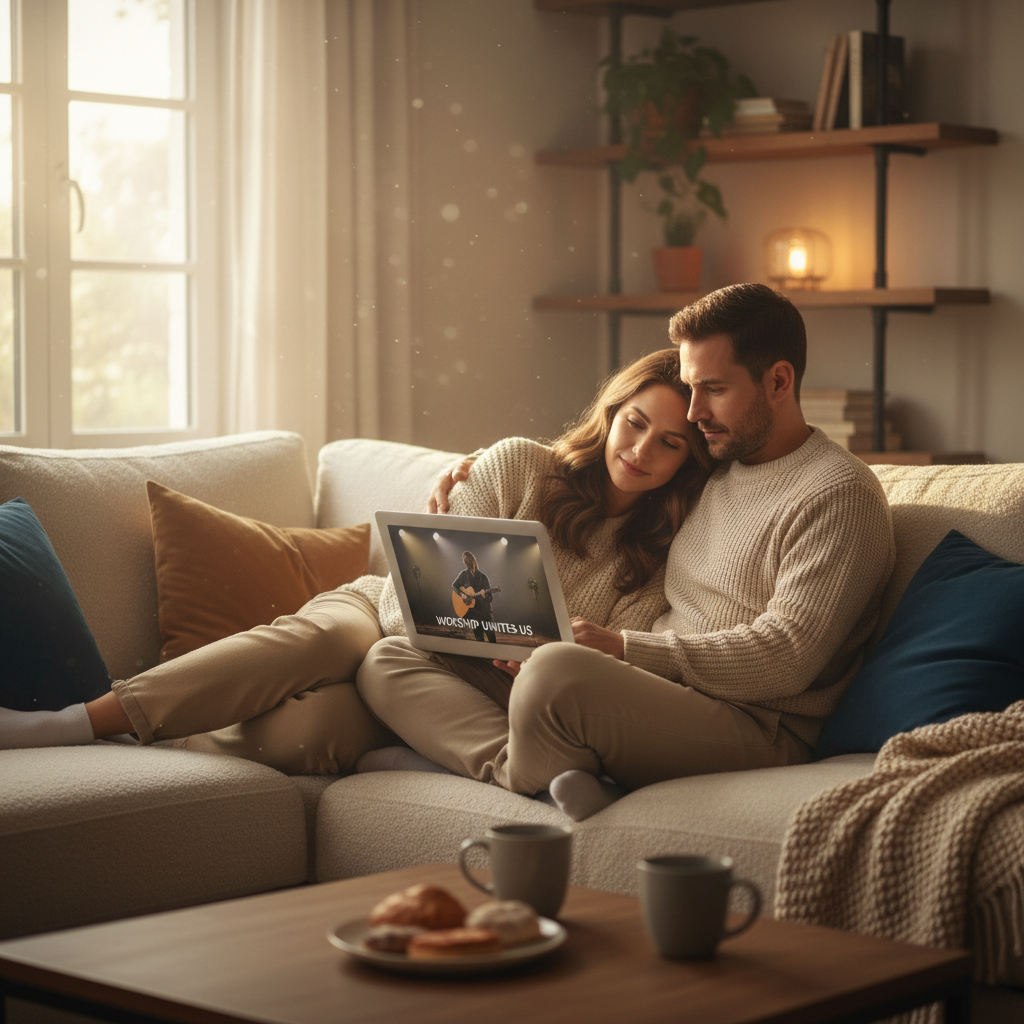 Couple sharing a laptop on a couch, watching a worship stream together