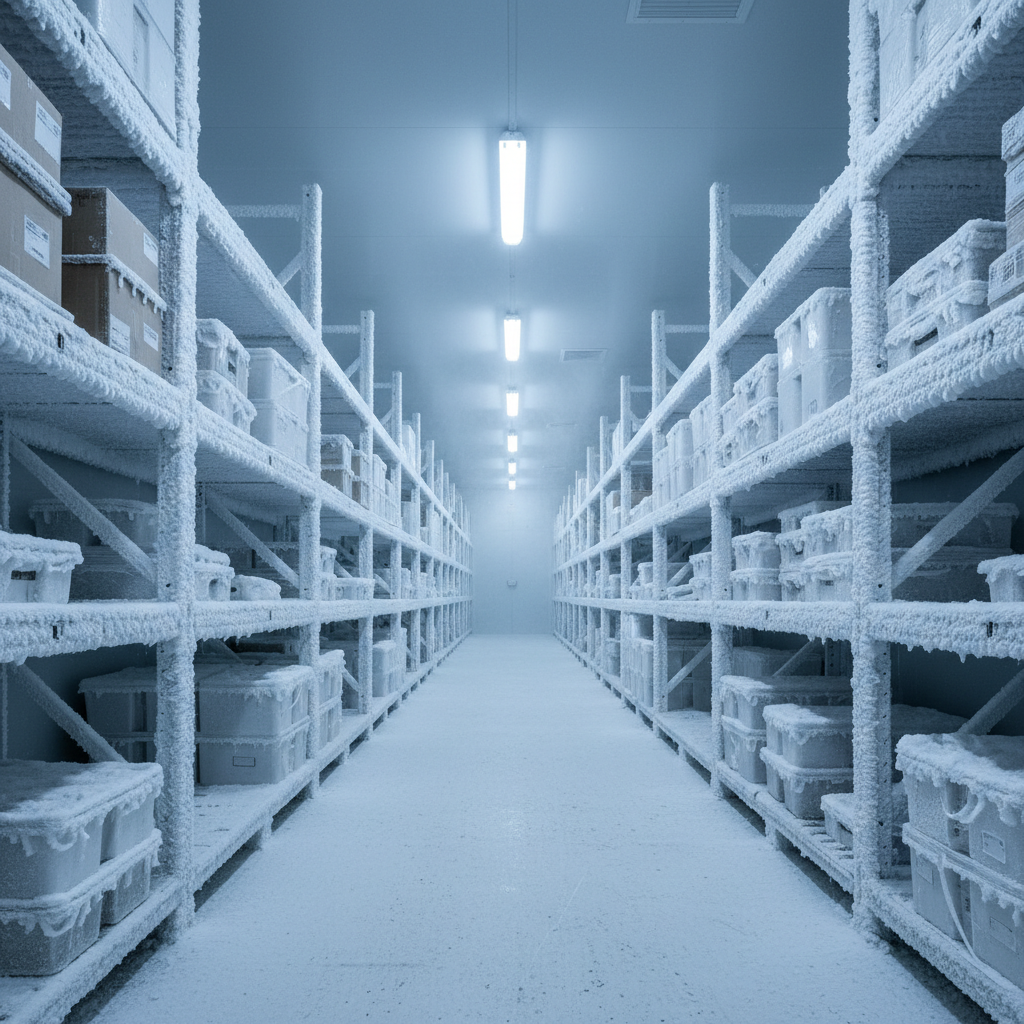 Cold storage aisle with frost and LED lighting showing frozen storage racks