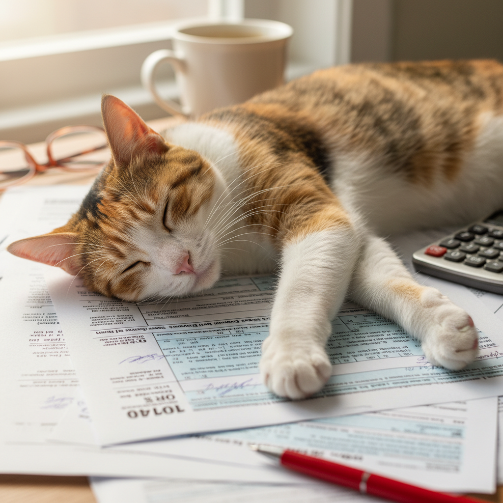 Cat stretched luxuriously asleep on top of a donor's open tax return documents, perfectly at peace