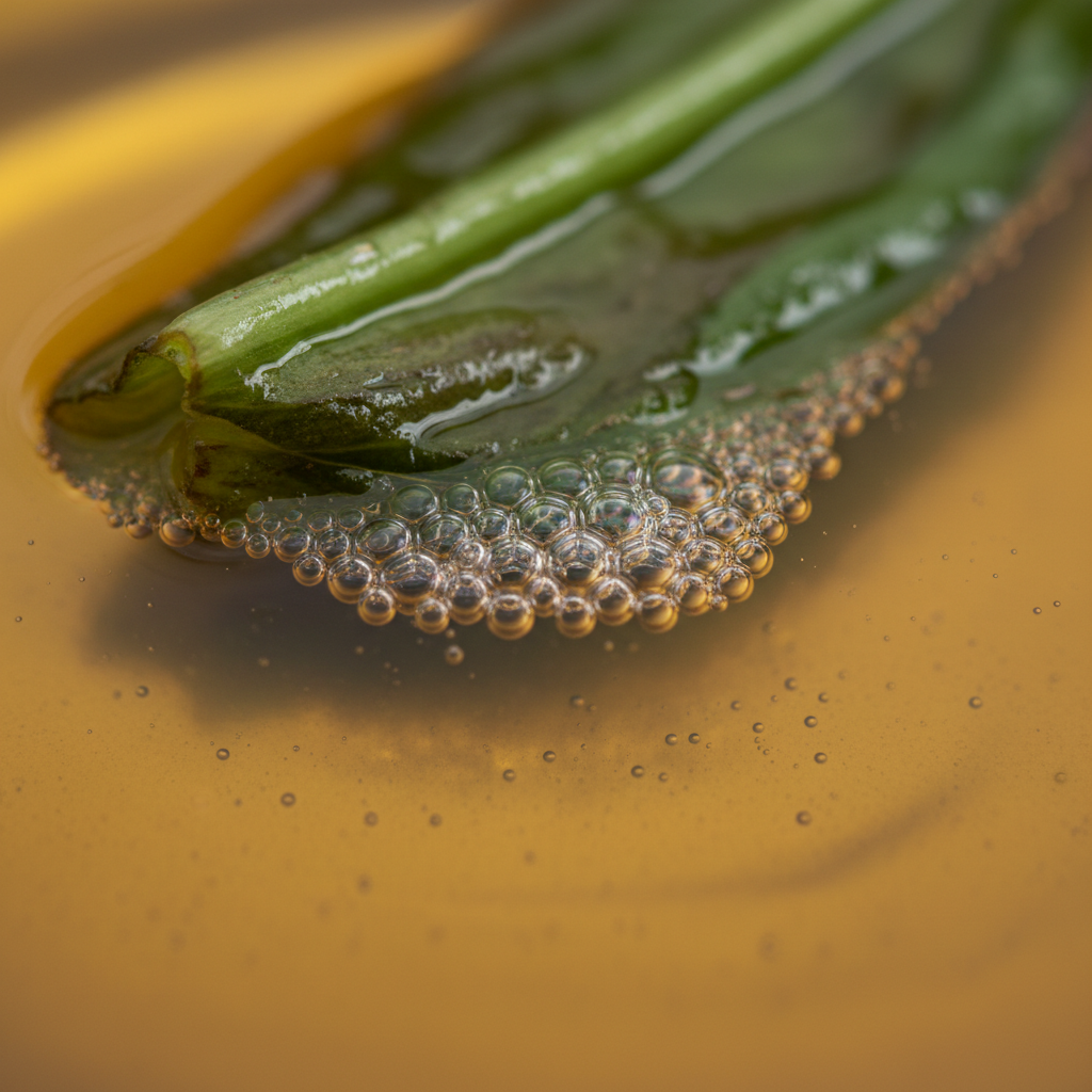 Close-up of rice bran oil surface with fine bubbles around a submerged vegetable