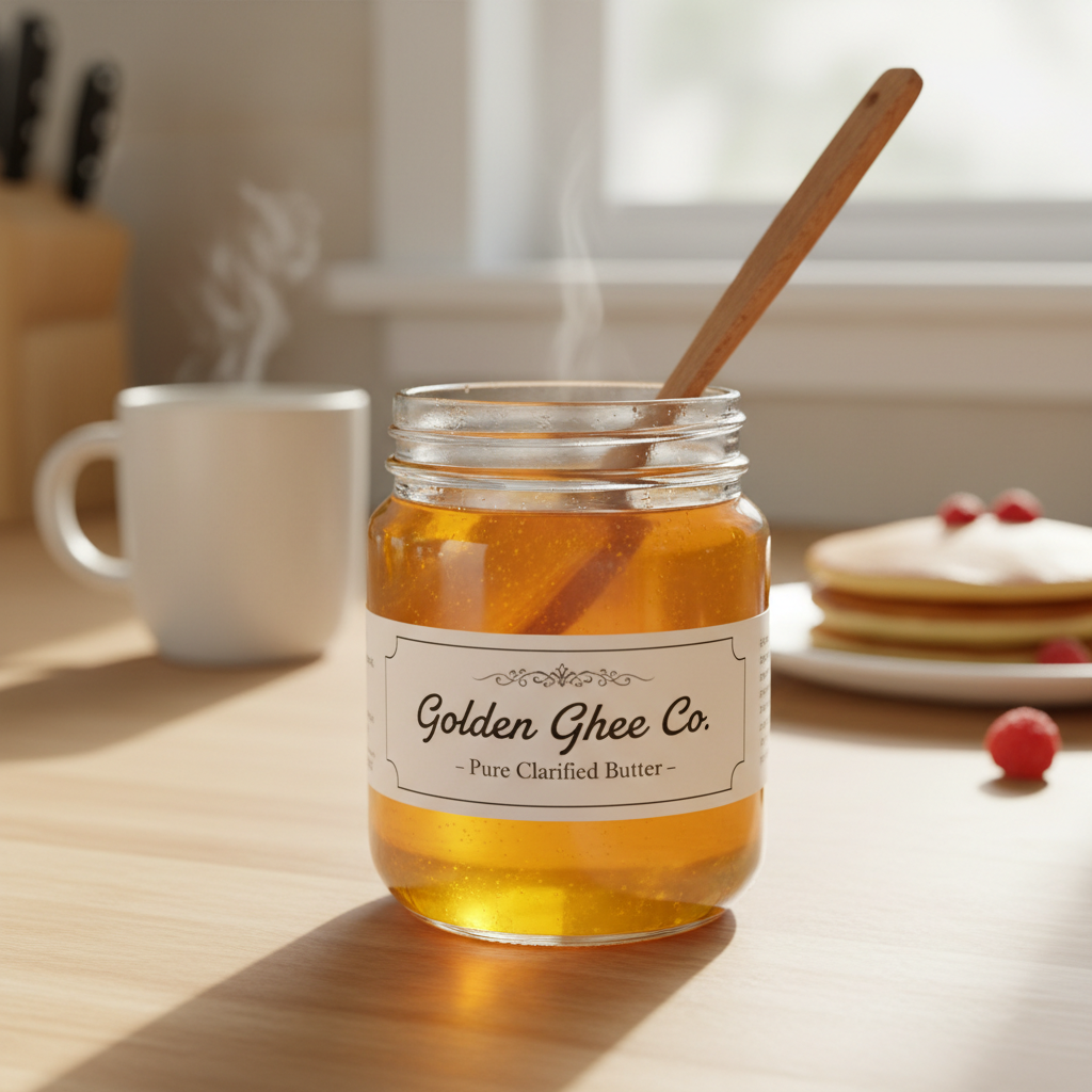 Golden clarified butter in glass jar with herbs and turmeric, bright clean kitchen background