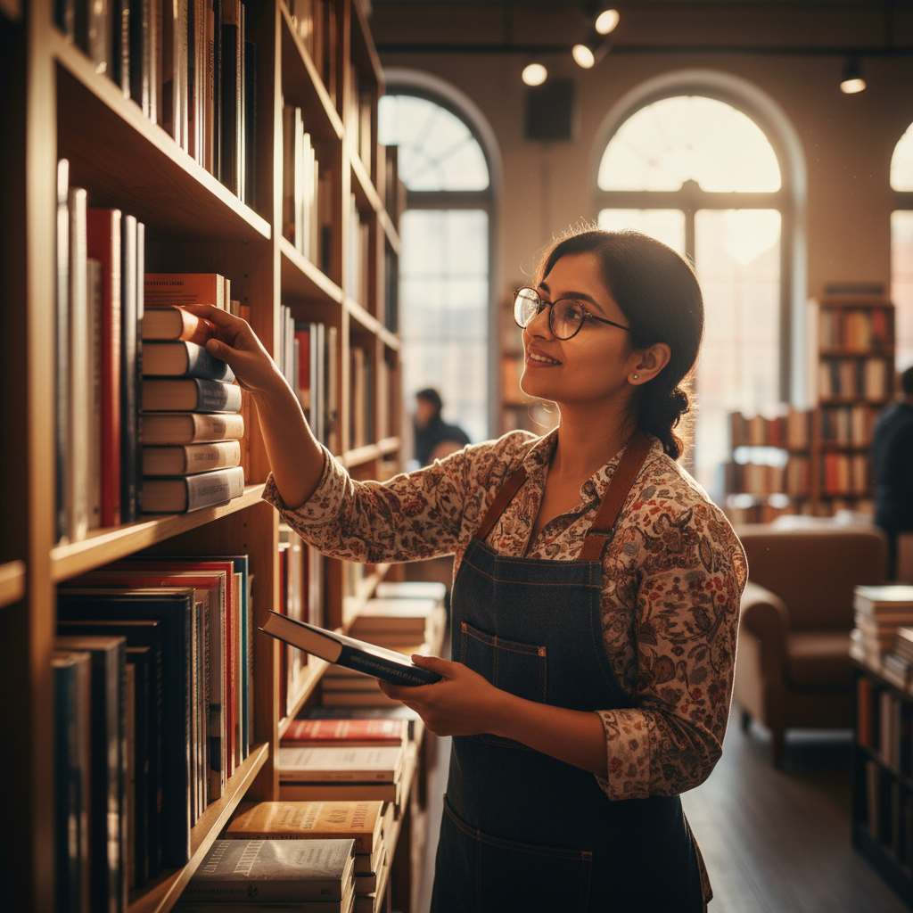 Priya Nair, bookseller at Shelf, South Asian woman with glasses and bright eyes