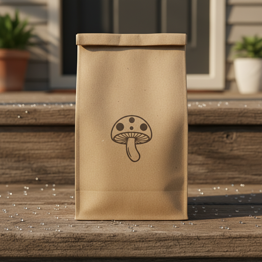 Mycofuel mushroom coffee powder in kraft paper bag on wooden surface, earthy tones, natural light