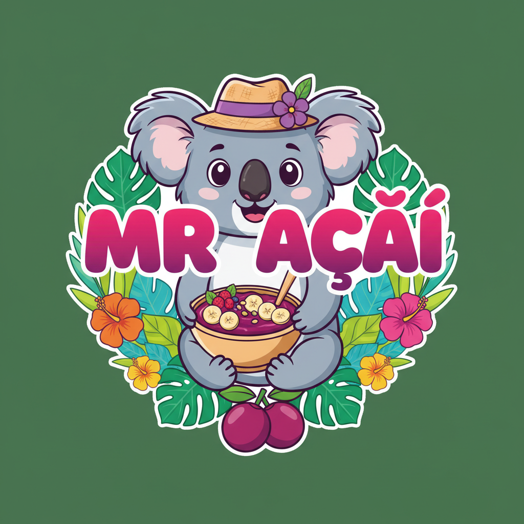 MR AÇAÍ brand moment with tropical açaí bowl and koala mascot branding elements