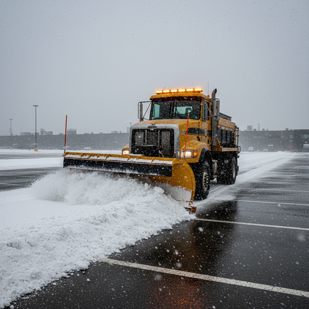 Plow truck clearing a snowy commercial parking lot
