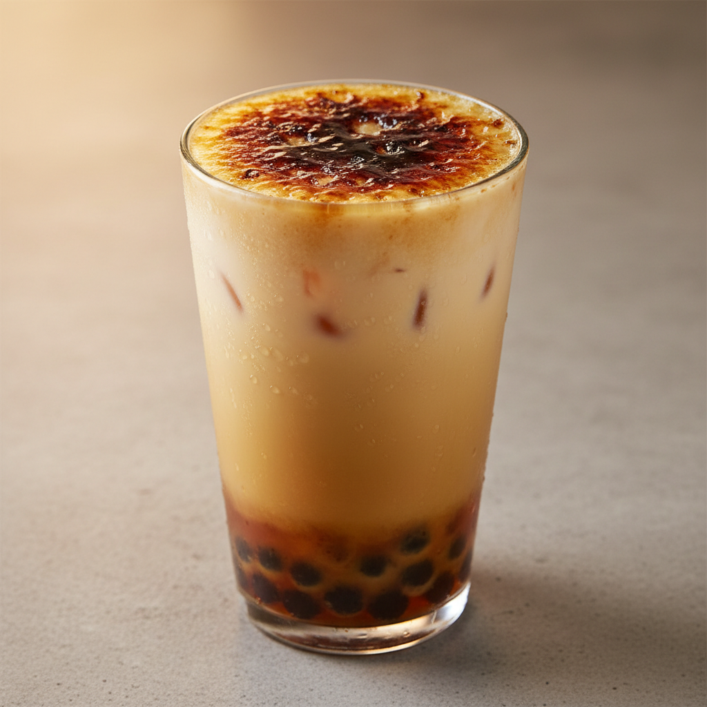 Crème Brûlée Milk Tea with caramelized sugar crust on top in a glass cup