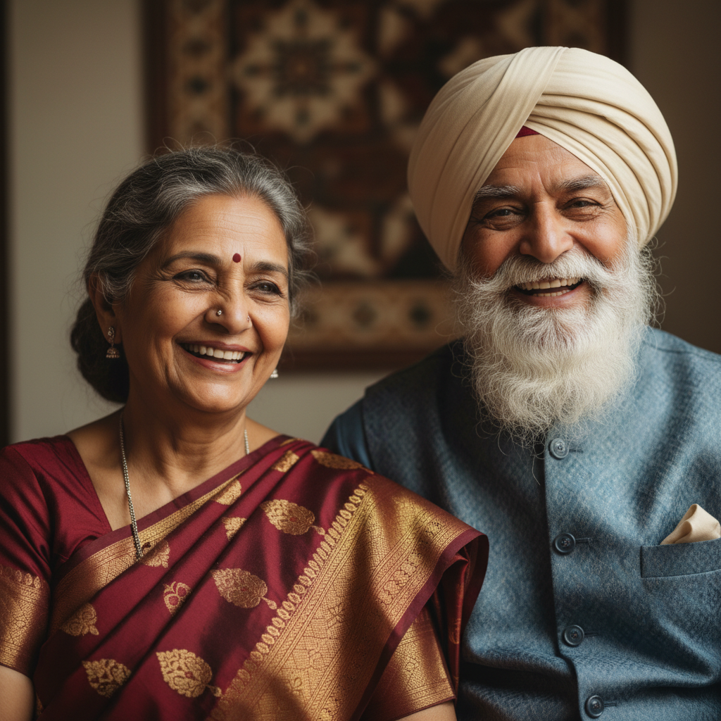 Elderly Indian man with kind smile sitting at home