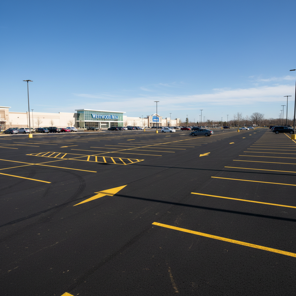 Aerial view of large commercial parking lot with well-maintained dark asphalt, bright striping, clear weather