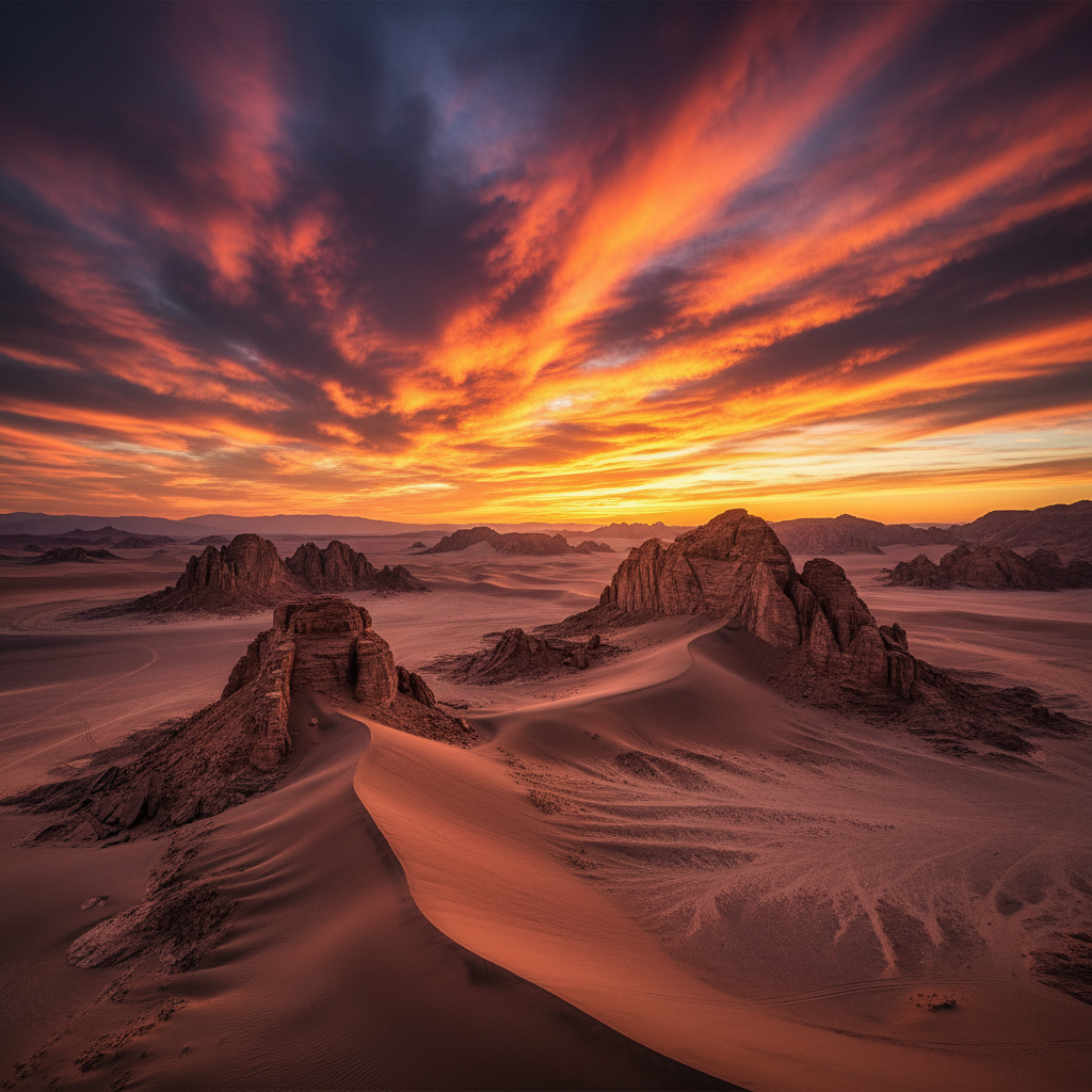 Vast desert landscape with towering sand dunes under deep orange sunset sky with dramatic cloud formations