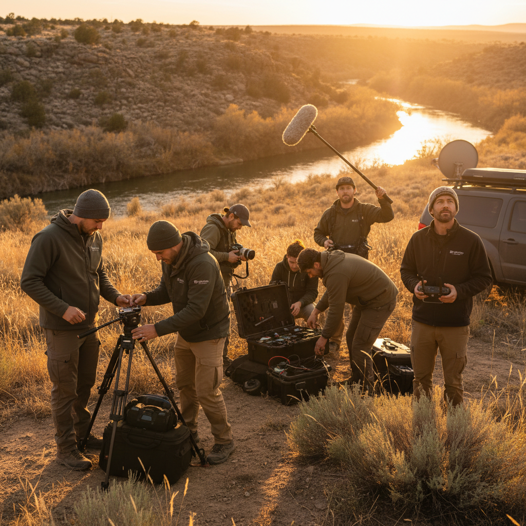 Golden hour documentary frame of workers on location for Field Notes Media production