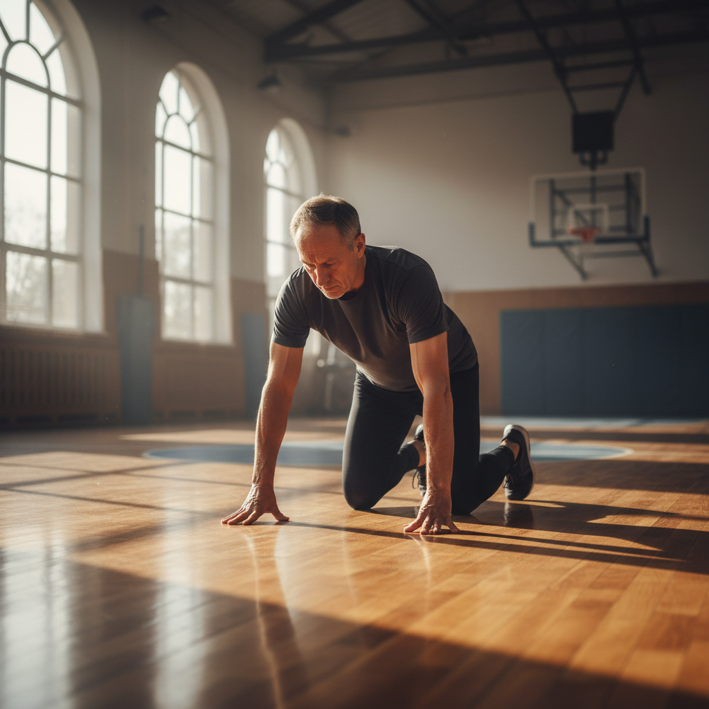 Mature athlete stretching methodically on a hardwood floor at dawn, calm and intentional, monochrome