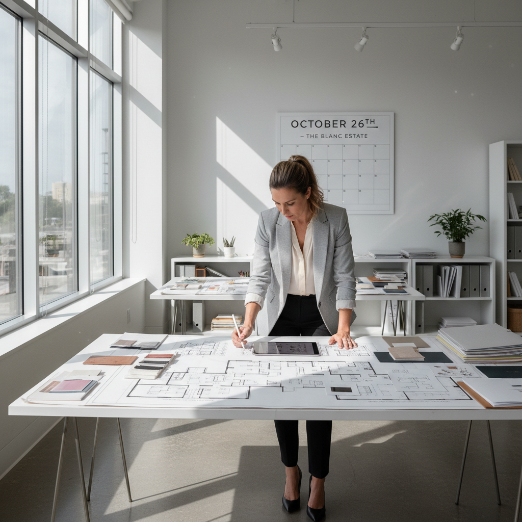 Professional consultation setting with a person reviewing event planning documents at a desk, focused and organized workspace