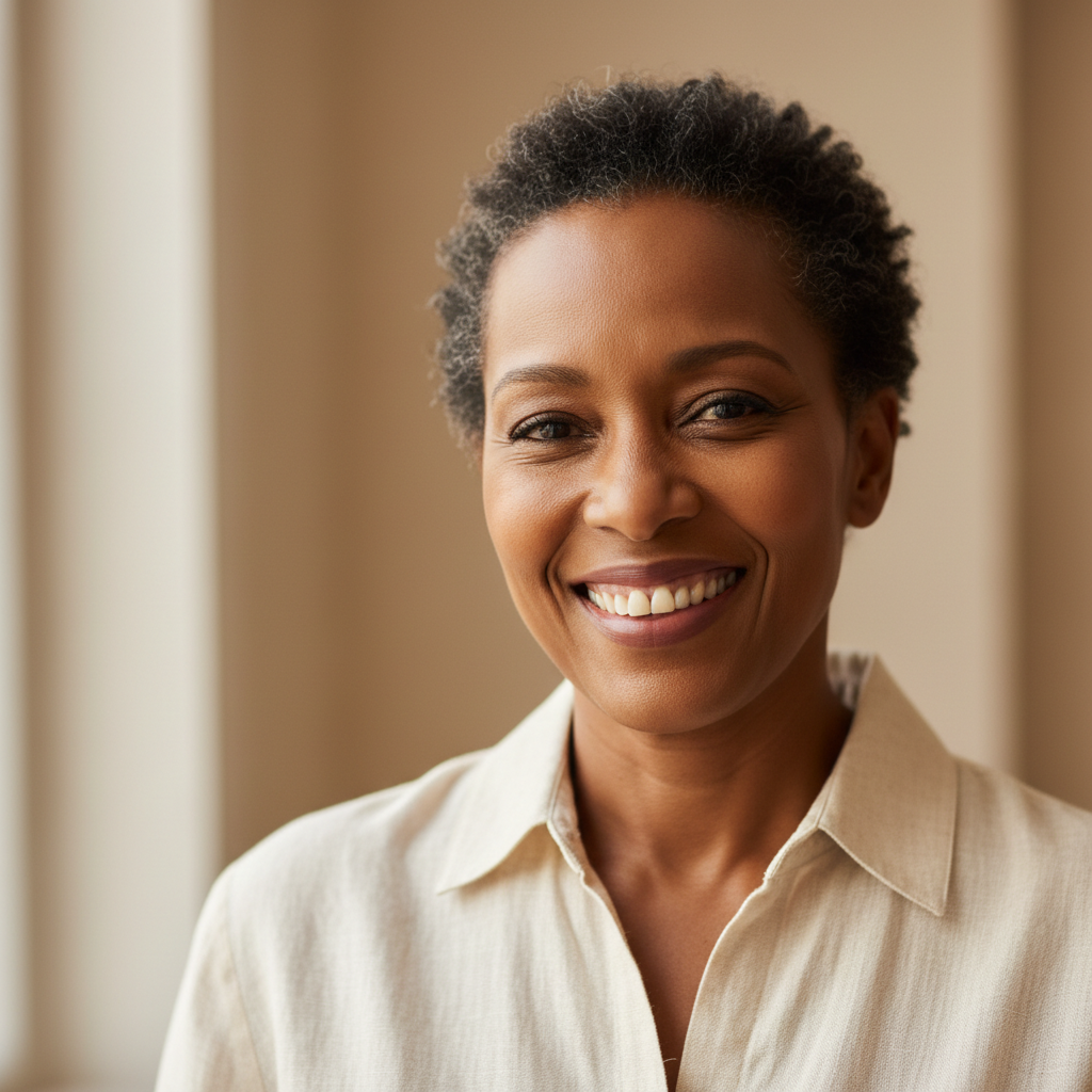 Professional South African woman, confident smile, warm studio lighting, neutral background