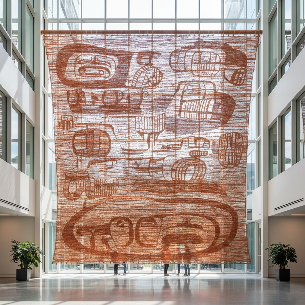 Large-scale Indigenous art installation in corporate atrium — room-filling woven textile commission by Jaimie Thunderbird Davis, cedar and copper wire, 6 metres wide, photographed in situ against glass curtain wall