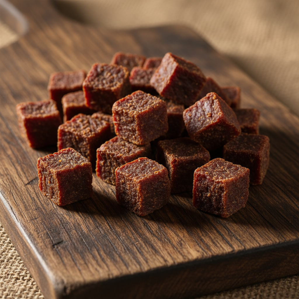 Fresh freeze-dried dog treats on dark slate surface, clean product photography, moody dark background