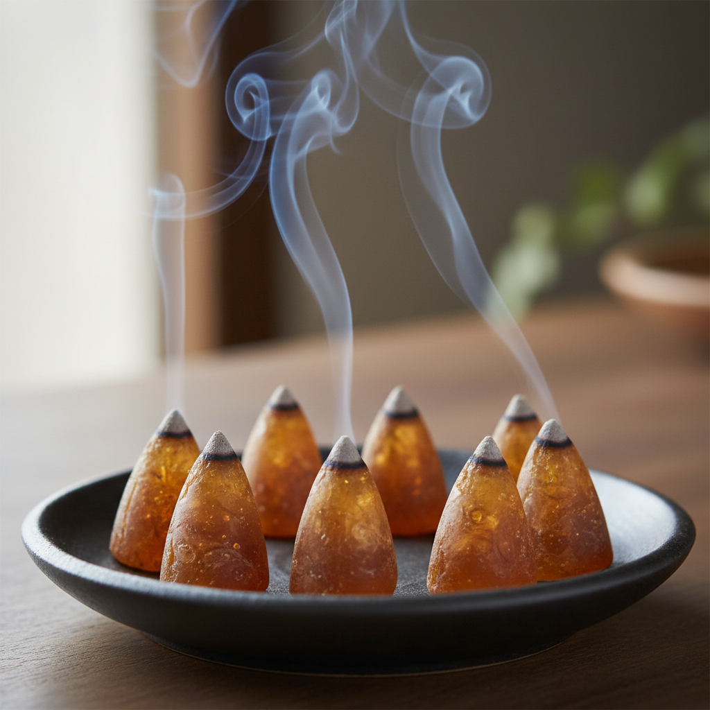 Amber resin incense cones arranged on a dark ceramic dish with wisps of smoke rising