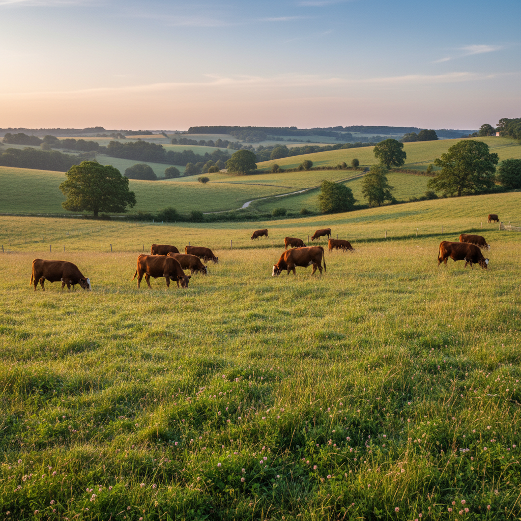 Beef cattle grazing on diverse natural pasture, Surrey Hills and West Sussex countryside, morning light, regenerative rotational grazing system, green open fields