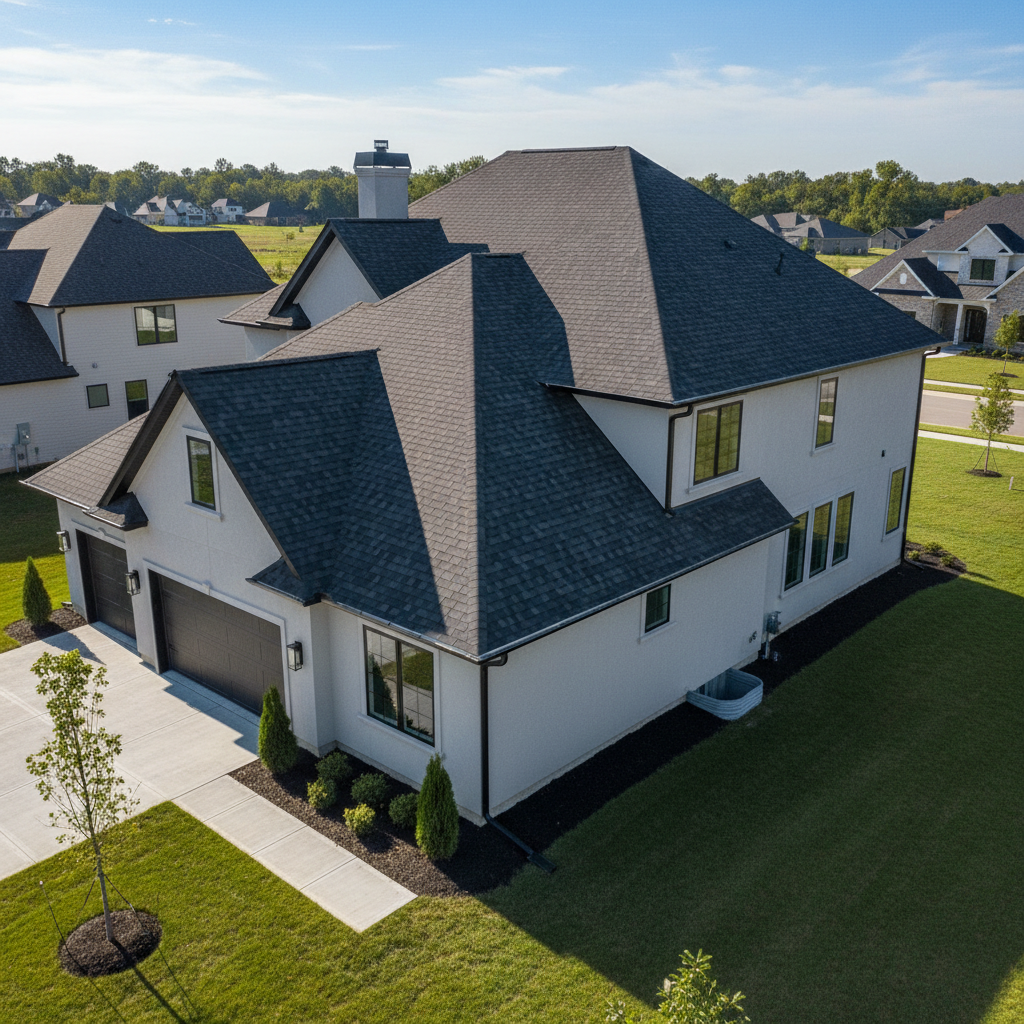 Premium shingle roofing — brand new architectural shingles on a beautiful two-story home exterior, lush landscaping