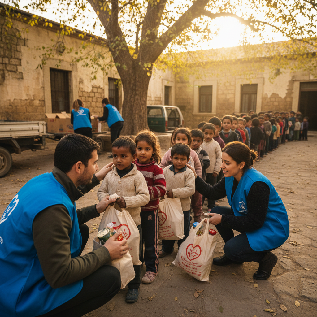 Volunteers distributing food packages to families in Indian community, warm daylight