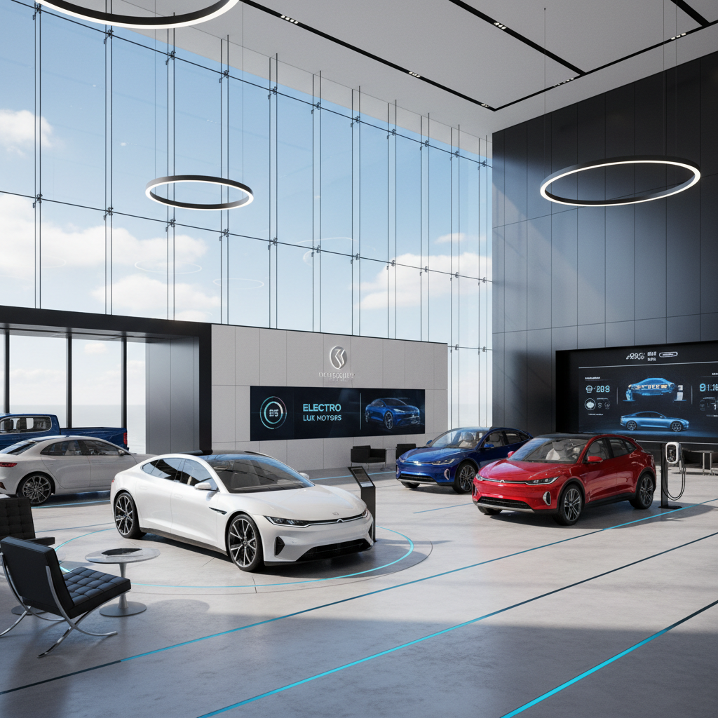 Row of affordable electric vehicles at dealership, colorful EVs lined up outdoors
