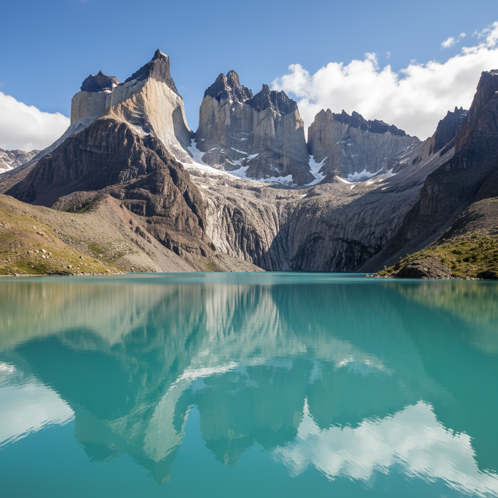 Torres del Paine granite towers reflected in turquoise lake at sunrise