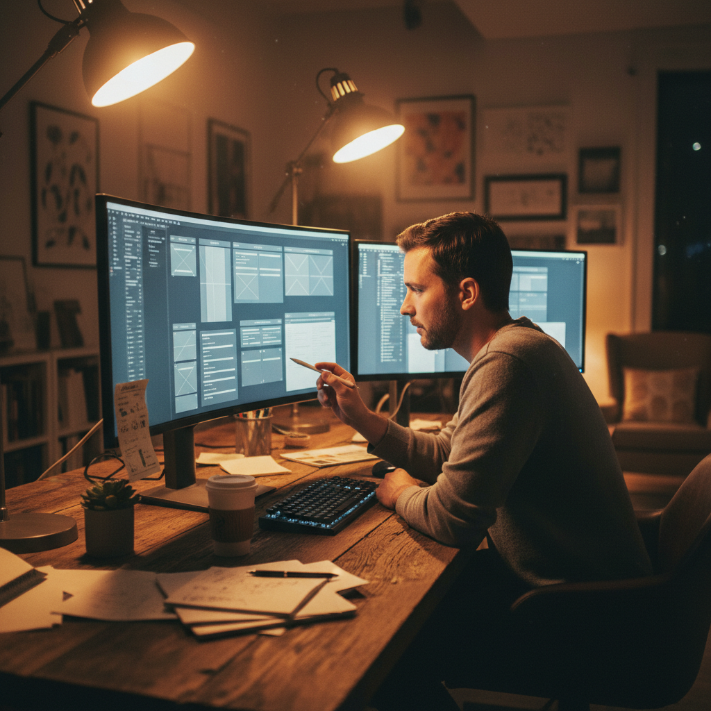 Designer reviewing wireframe mockups on desk, dark studio lighting, creative workspace environment