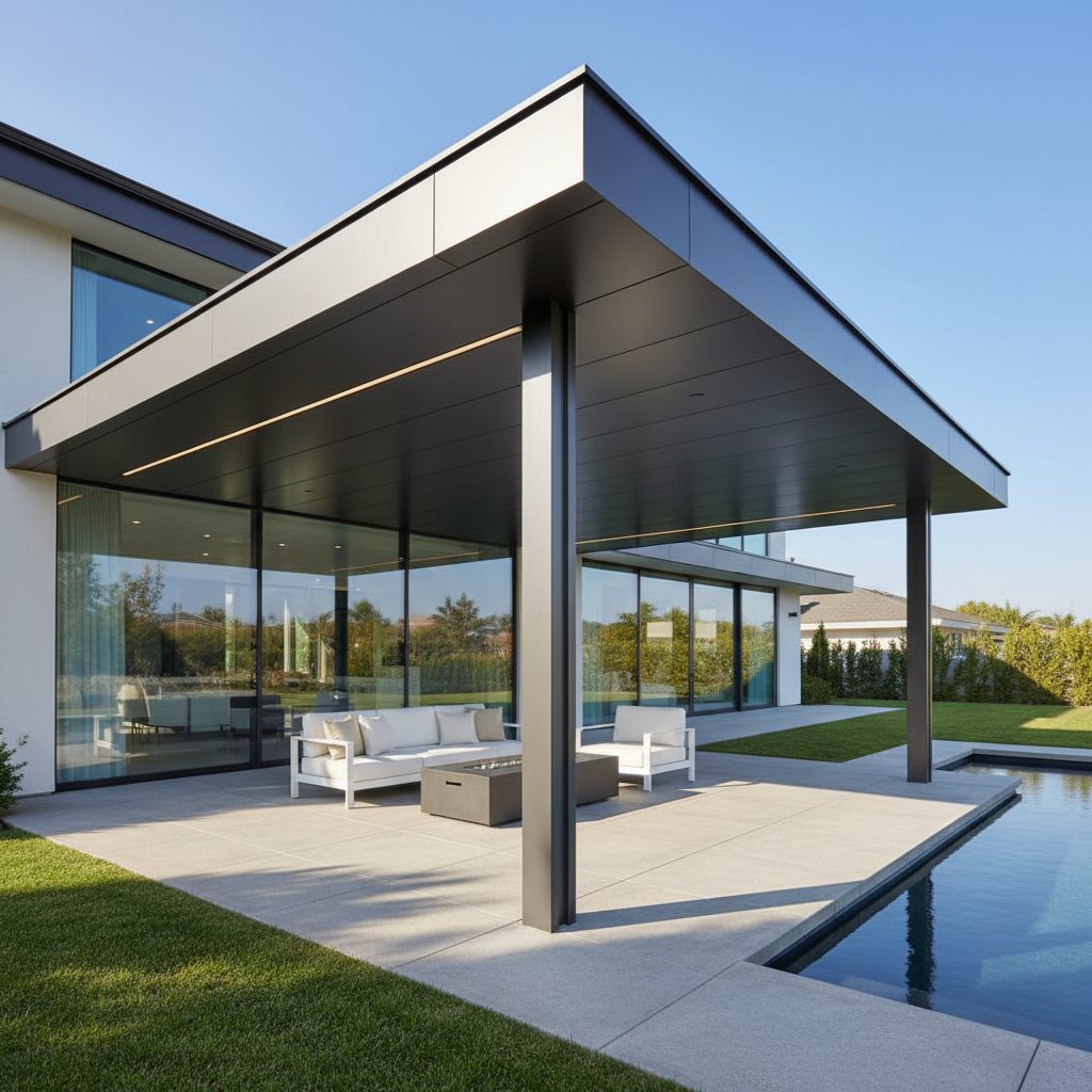 Architectural solid roof patio cover with clean modern lines attached to luxury home