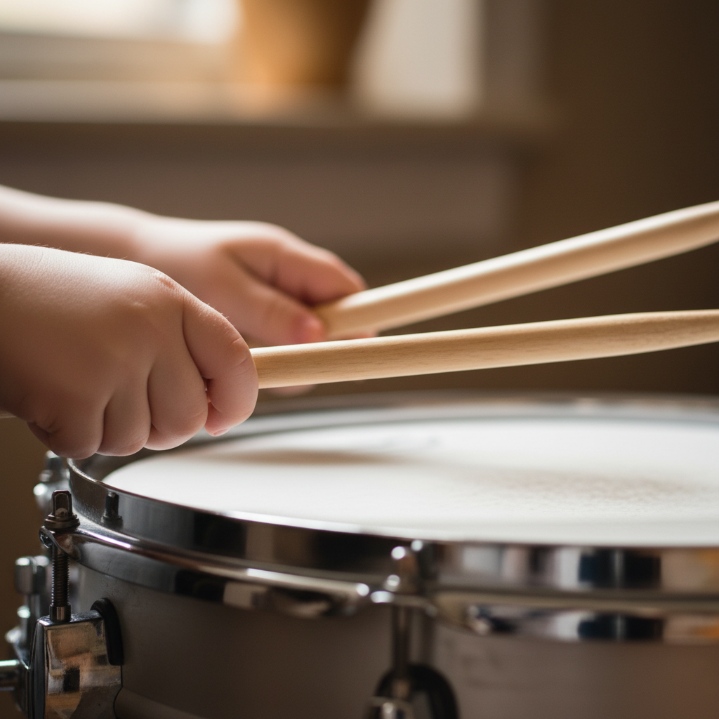 Close-up of small child hands gripping maple drumsticks above a snare drum