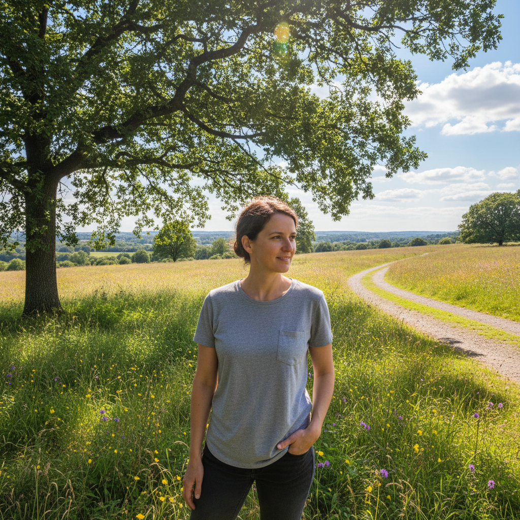 Lifestyle photography of a person in natural outdoor setting, bright airy atmosphere with soft shadows