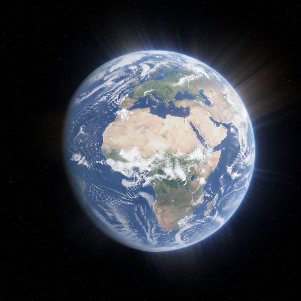 Planet Earth from space, brilliant blue and green continents visible through swirling white cloud patterns against black cosmos