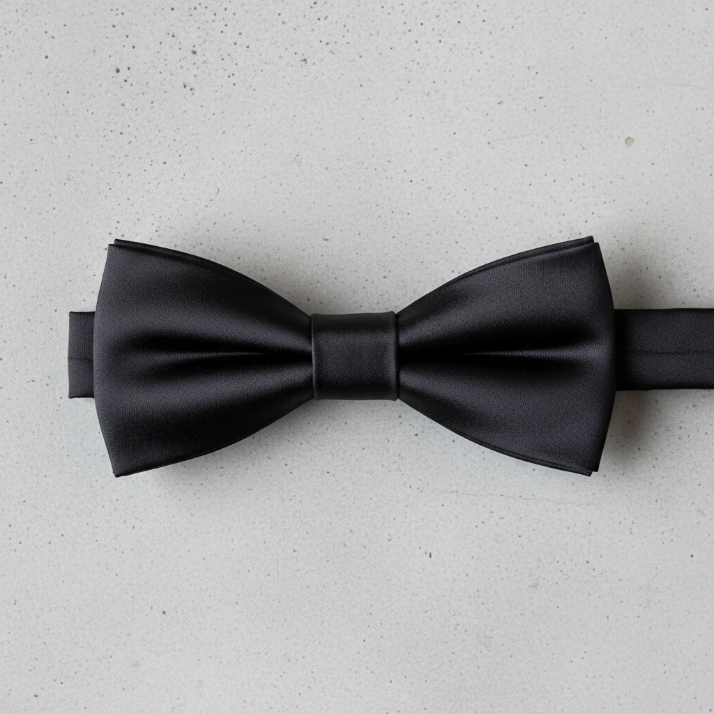 Midnight black silk self-tie bowtie laid flat showing satin sheen