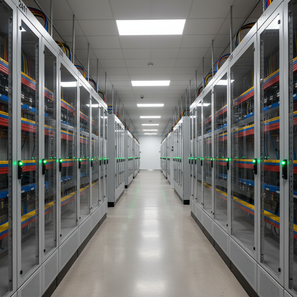 Rows of grey distribution boards with color-coded busbars and LED status indicators glowing green inside a modern electrical plant room