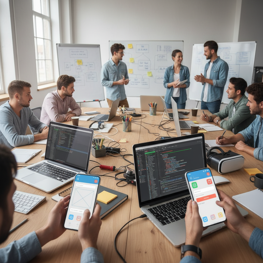 Mobile app development process showing smartphone screens and development tools