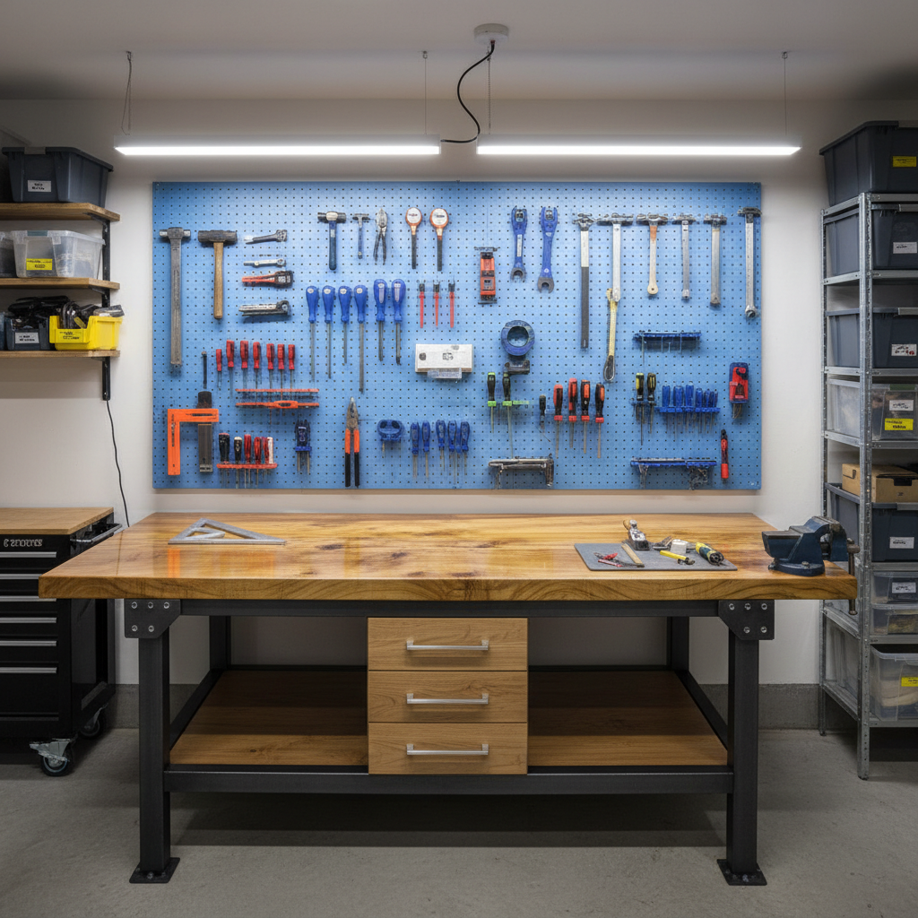 Epoxy-topped maple workbench with steel frame in organized garage workshop, tools hanging on pegboard behind it