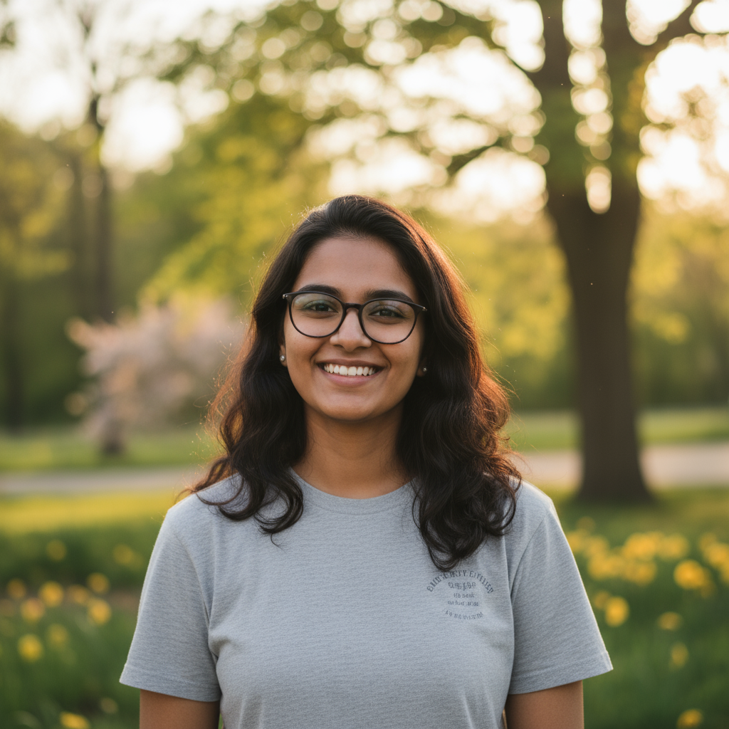 Young Indian woman, vibrant expression, outdoor portrait