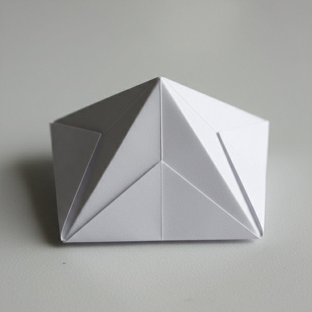 White origami waterbomb base partially folded showing geometric triangular form