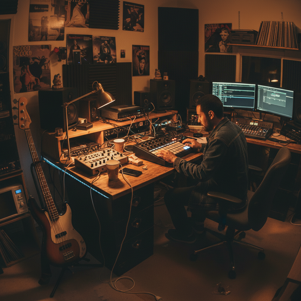 Hip-hop producer working late night with drum machine and bass guitar in atmospheric studio